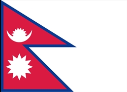 [ai] The flag of Nepal featuring a red background with a blue border, containing two geometric shapes. The upper shape has a white crescent moon and the lower shape displays a white sun.
